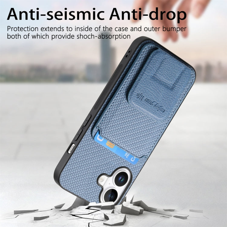 For iPhone 16 Carbon Fiber Card Bag Fold Stand Phone Case(Blue) - iPhone 16 Cases by buy2fix | Online Shopping UK | buy2fix