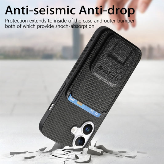 For iPhone 16 Carbon Fiber Card Bag Fold Stand Phone Case(Black) by buy2fix