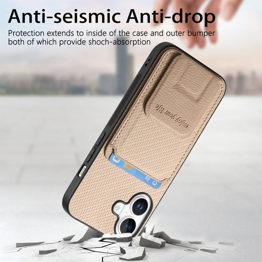 For iPhone 16 Carbon Fiber Card Bag Fold Stand Phone Case(Khaki) by buy2fix
