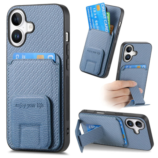 For iPhone 16 Plus Carbon Fiber Card Bag Fold Stand Phone Case(Blue) by buy2fix