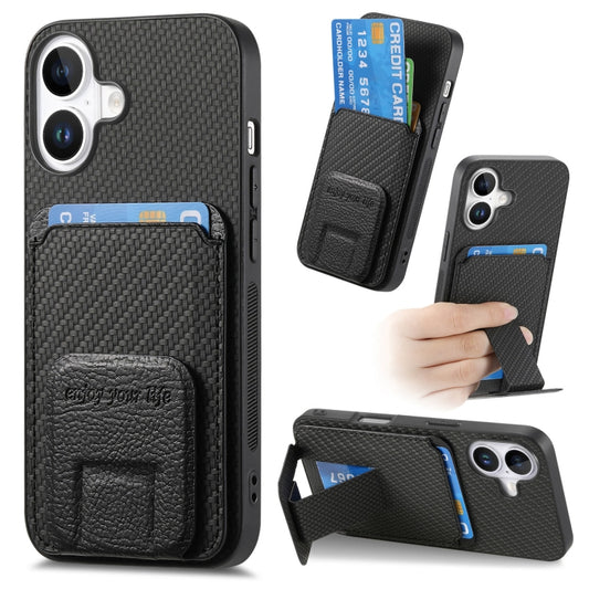 For iPhone 16 Plus Carbon Fiber Card Bag Fold Stand Phone Case(Black) by buy2fix