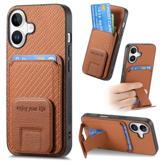 For iPhone 16 Plus Carbon Fiber Card Bag Fold Stand Phone Case(Brown) by buy2fix
