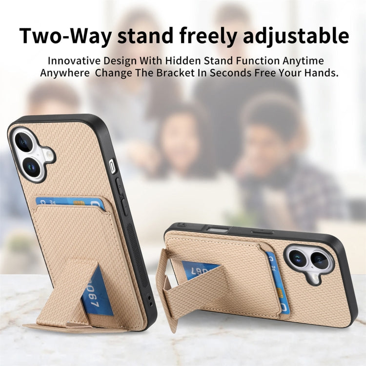 For iPhone 16 Plus Carbon Fiber Card Bag Fold Stand Phone Case(Khaki) - iPhone 16 Plus Cases by buy2fix | Online Shopping UK | buy2fix