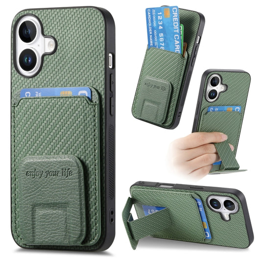 For iPhone 16 Plus Carbon Fiber Card Bag Fold Stand Phone Case(Green) by buy2fix
