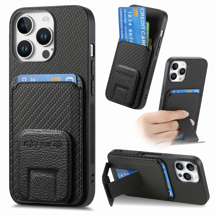 For iPhone 16 Pro Carbon Fiber Card Bag Fold Stand Phone Case(Black) - iPhone 16 Pro Cases by buy2fix | Online Shopping UK | buy2fix