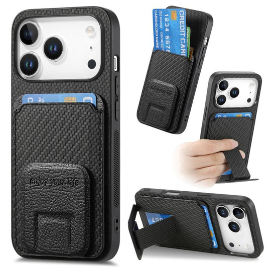 For iPhone 18 Pro Max / 17 Pro Max Carbon Fiber Card Bag Fold Stand Phone Case(Black)