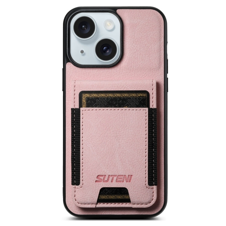 For iPhone 15 Plus Suteni H03 Litchi Leather Card Bag Stand Back Phone Case(Pink) - iPhone 15 Plus Cases by Suteni | Online Shopping UK | buy2fix