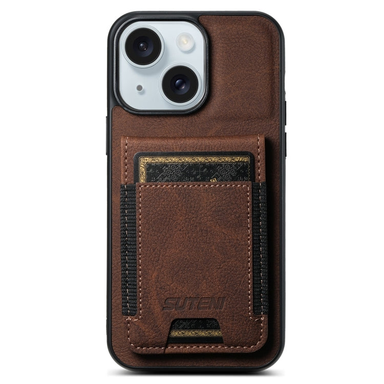 For iPhone 15 Suteni H03 Litchi Leather Card Bag Stand Back Phone Case(Brown) - iPhone 15 Cases by Suteni | Online Shopping UK | buy2fix