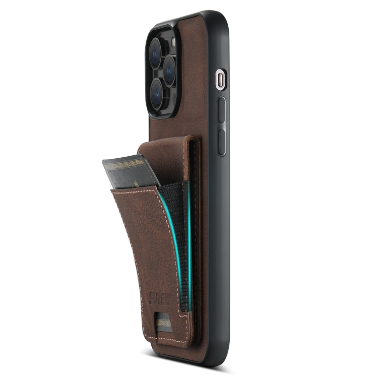 For iPhone 14 Pro Suteni H03 Litchi Leather Card Bag Stand Back Phone Case(Brown) - iPhone 14 Pro Cases by Suteni | Online Shopping UK | buy2fix