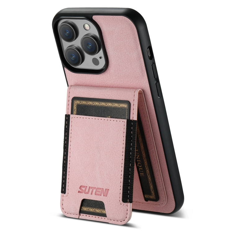 For iPhone 14 Pro Max Suteni H03 Litchi Leather Card Bag Stand Back Phone Case(Pink) - iPhone 14 Pro Max Cases by Suteni | Online Shopping UK | buy2fix