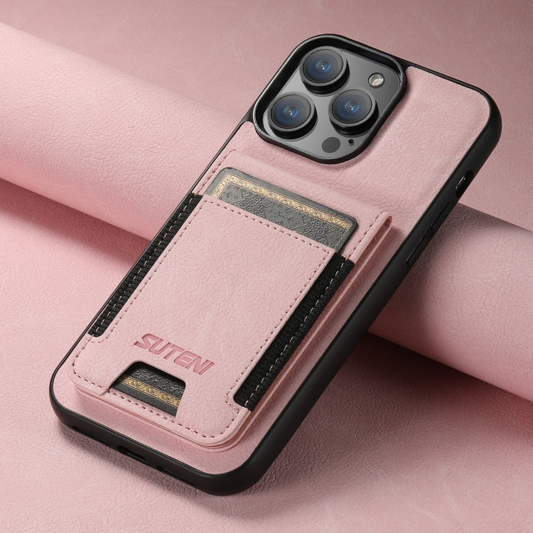For iPhone 13 Pro Suteni H03 Litchi Leather Card Bag Stand Back Phone Case(Pink) - iPhone 13 Pro Cases by Suteni | Online Shopping UK | buy2fix