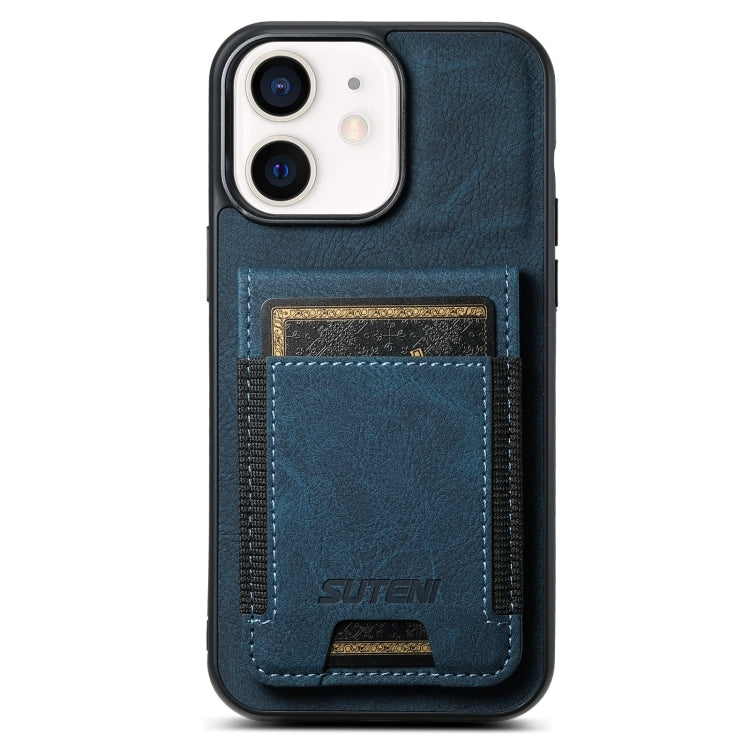 For iPhone 12 / 12 Pro Suteni H03 Litchi Leather Card Bag Stand Back Phone Case(Blue) - iPhone 12 / 12 Pro Cases by Suteni | Online Shopping UK | buy2fix