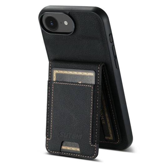 For iPhone 16e Suteni H03 Litchi Leather Card Bag Stand Back Phone Case(Black) - iPhone 16e Cases by Suteni | Online Shopping UK | buy2fix