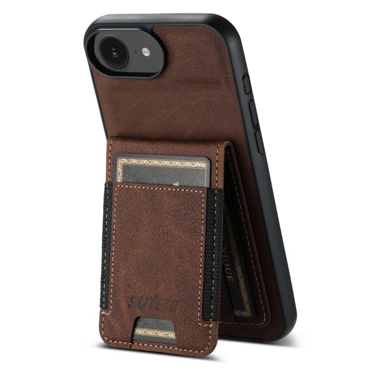 For iPhone 16e Suteni H03 Litchi Leather Card Bag Stand Back Phone Case(Brown) - iPhone 16e Cases by Suteni | Online Shopping UK | buy2fix