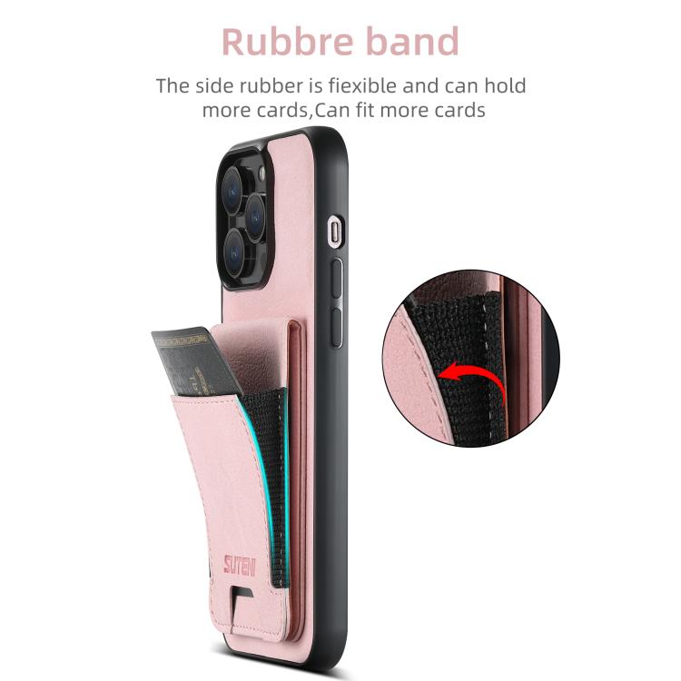 For iPhone 16e Suteni H03 Litchi Leather Card Bag Stand Back Phone Case(Pink) - iPhone 16e Cases by Suteni | Online Shopping UK | buy2fix