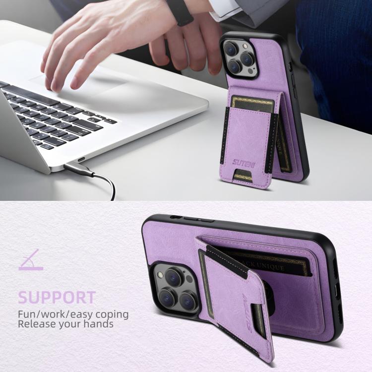 For iPhone 16e Suteni H03 Litchi Leather Card Bag Stand Back Phone Case(Purple) - iPhone 16e Cases by Suteni | Online Shopping UK | buy2fix
