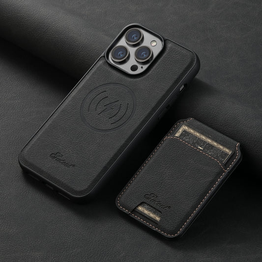 For iPhone 15 Plus Suteni H17 Litchi Texture Leather MagSafe Detachable Wallet Phone Case(Black) by Suteni