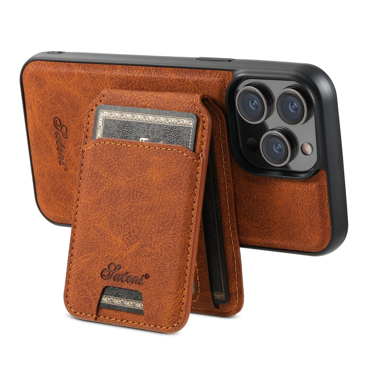 For iPhone 15 Suteni H17 Litchi Texture Leather MagSafe Detachable Wallet Phone Case(Khaki) by Suteni