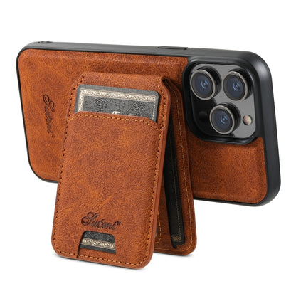 For iPhone 15 Suteni H17 Litchi Texture Leather MagSafe Detachable Wallet Phone Case(Khaki) by Suteni
