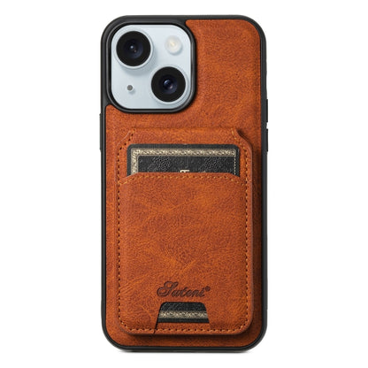 For iPhone 15 Suteni H17 Litchi Texture Leather MagSafe Detachable Wallet Phone Case(Khaki) by Suteni