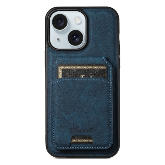 For iPhone 15 Suteni H17 Litchi Texture Leather MagSafe Detachable Wallet Phone Case(Blue) by Suteni