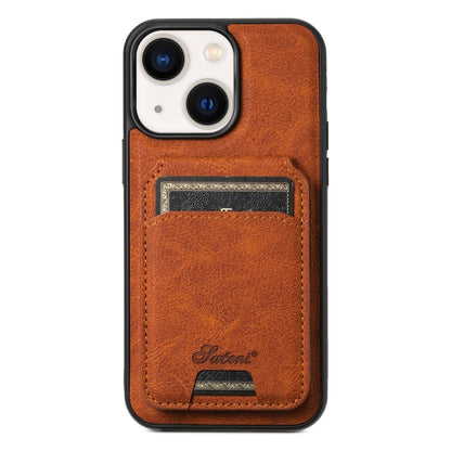 For iPhone 14 Suteni H17 Litchi Texture Leather MagSafe Detachable Wallet Phone Case(Khaki) by Suteni
