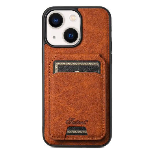 For iPhone 14 Suteni H17 Litchi Texture Leather MagSafe Detachable Wallet Phone Case(Khaki) by Suteni