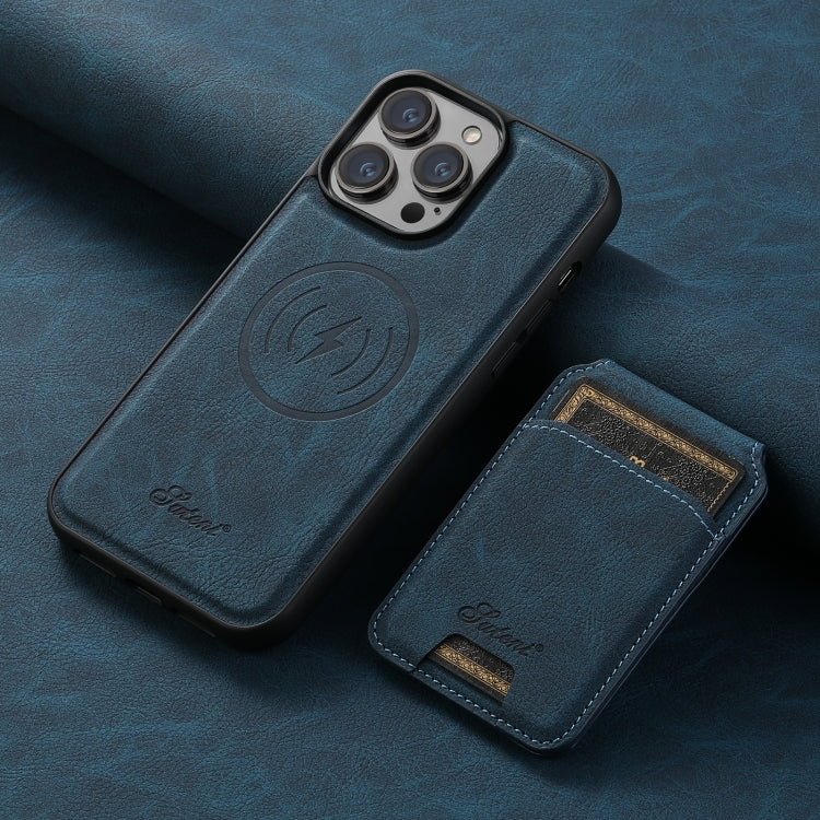For iPhone 14 Suteni H17 Litchi Texture Leather MagSafe Detachable Wallet Phone Case(Blue) by Suteni