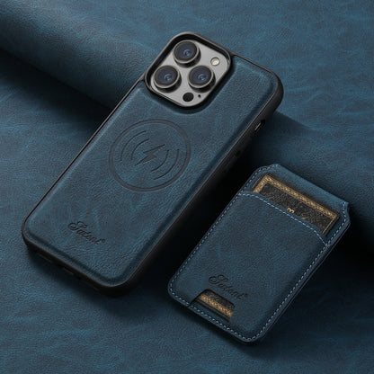 For iPhone 14 Suteni H17 Litchi Texture Leather MagSafe Detachable Wallet Phone Case(Blue) by Suteni