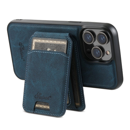 For iPhone 14 Suteni H17 Litchi Texture Leather MagSafe Detachable Wallet Phone Case(Blue) by Suteni