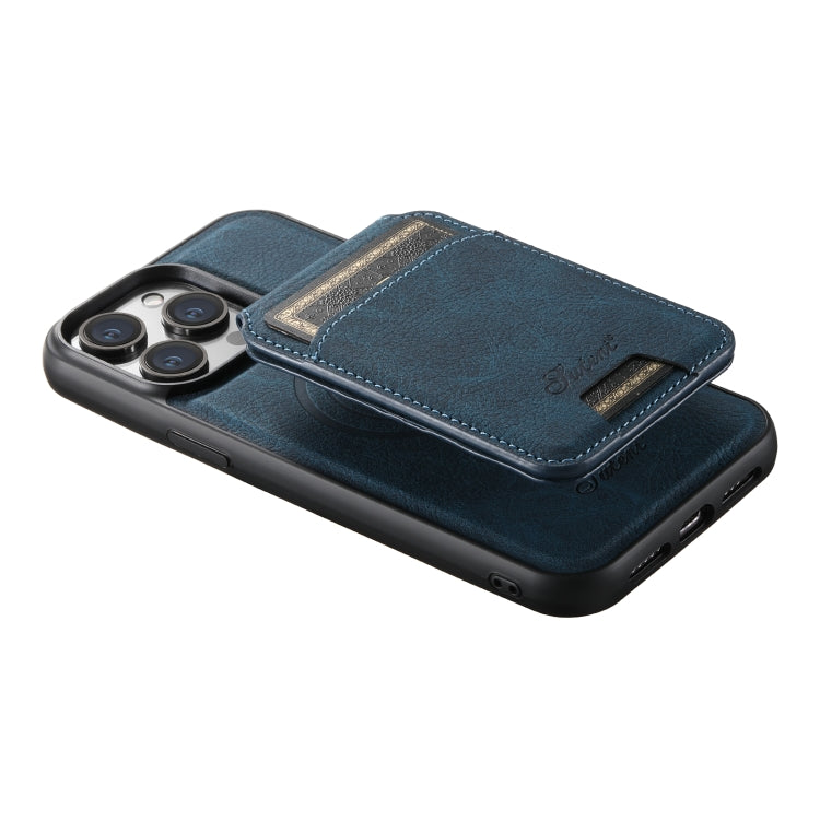 For iPhone 14 Suteni H17 Litchi Texture Leather MagSafe Detachable Wallet Phone Case(Blue) by Suteni