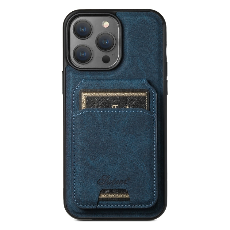 For iPhone 14 Pro Suteni H17 Litchi Texture Leather MagSafe Detachable Wallet Phone Case(Blue) by Suteni