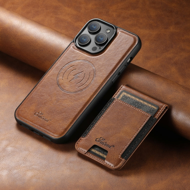 For iPhone 15 Suteni H17 Oil Eax Leather MagSafe Detachable Wallet Phone Case(Brown) - iPhone 15 Cases by Suteni | Online Shopping UK | buy2fix