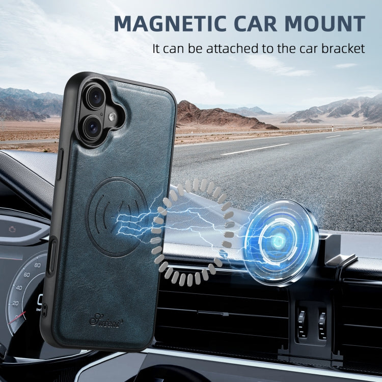 For iPhone 16 Suteni H17 Oil Eax Leather MagSafe Detachable Wallet Phone Case(Blue) by Suteni