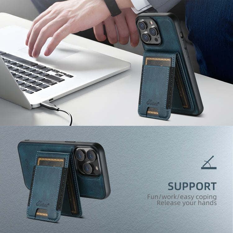 For iPhone 16 Suteni H17 Oil Eax Leather MagSafe Detachable Wallet Phone Case(Blue) by Suteni