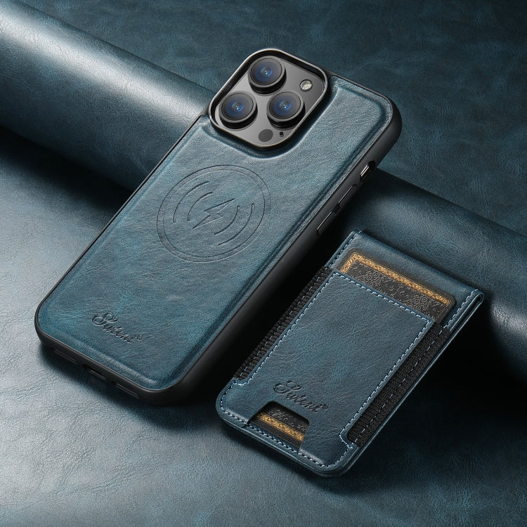 For iPhone 16 Pro Suteni H17 Oil Eax Leather MagSafe Detachable Wallet Phone Case(Blue) by Suteni