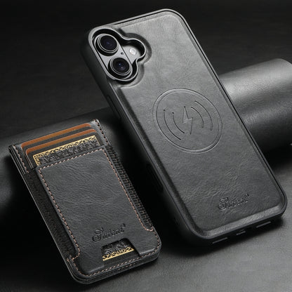 For iPhone 16 Plus Suteni H17 Oil Eax Leather MagSafe Detachable Wallet Phone Case(Black) by Suteni