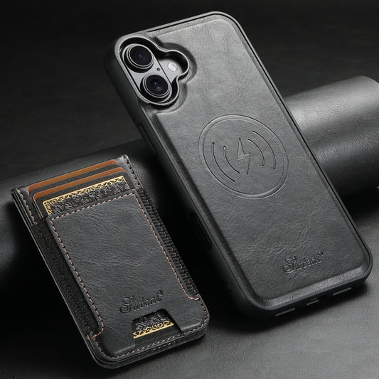 For iPhone 16 Plus Suteni H17 Oil Eax Leather MagSafe Detachable Wallet Phone Case(Black) by Suteni