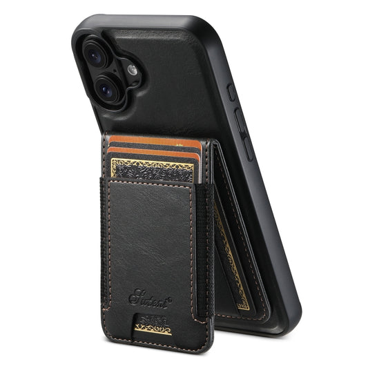 For iPhone 16 Plus Suteni H17 Oil Eax Leather MagSafe Detachable Wallet Phone Case(Black) by Suteni