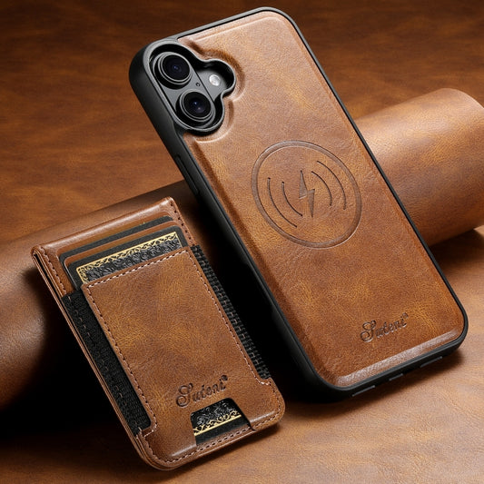For iPhone 16 Plus Suteni H17 Oil Eax Leather MagSafe Detachable Wallet Phone Case(Brown) by Suteni