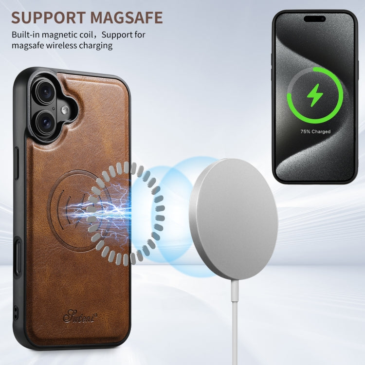 For iPhone 16 Plus Suteni H17 Oil Eax Leather MagSafe Detachable Wallet Phone Case(Brown) by Suteni