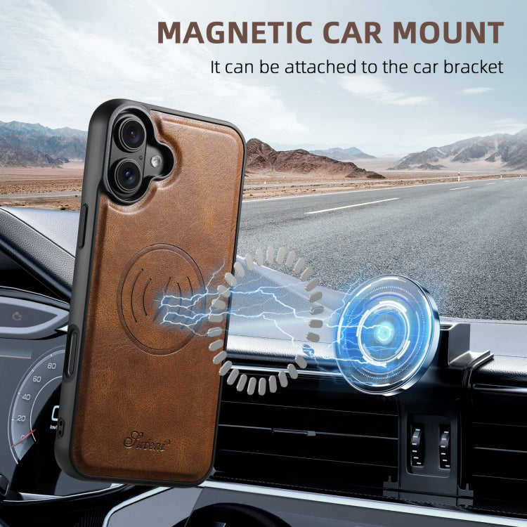 For iPhone 16 Plus Suteni H17 Oil Eax Leather MagSafe Detachable Wallet Phone Case(Brown) by Suteni