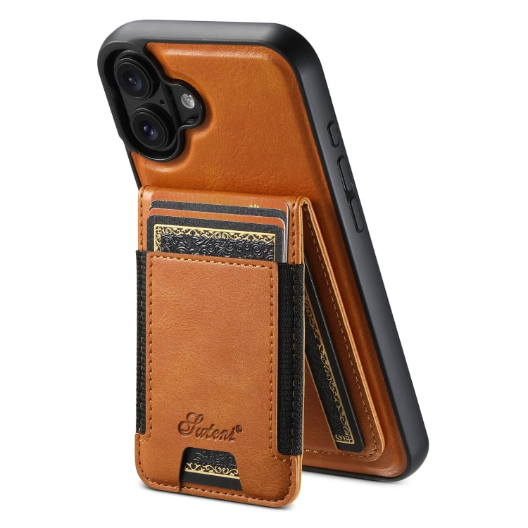 For iPhone 16 Plus Suteni H17 Oil Eax Leather MagSafe Detachable Wallet Phone Case(Khaki) by Suteni