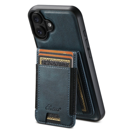 For iPhone 16 Plus Suteni H17 Oil Eax Leather MagSafe Detachable Wallet Phone Case(Blue) by Suteni