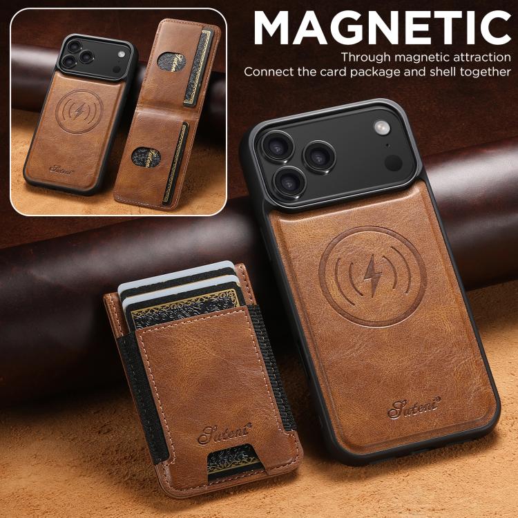 For iPhone 17 Pro Suteni H17 Oil Eax Leather MagSafe Detachable Wallet Phone Case(Brown) - iPhone 17 Pro Cases by Suteni | Online Shopping UK | buy2fix