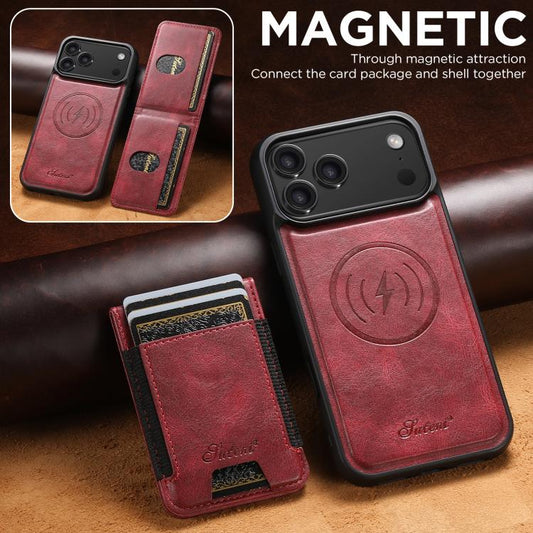 For iPhone 17 Pro Suteni H17 Oil Eax Leather MagSafe Detachable Wallet Phone Case(Red) - iPhone 17 Pro Cases by Suteni | Online Shopping UK | buy2fix