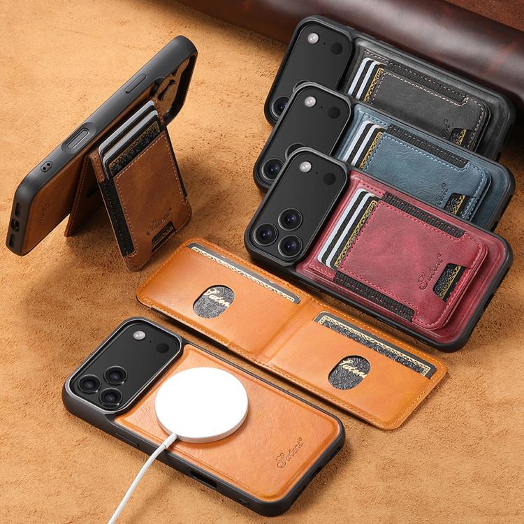 For iPhone 15 Plus Suteni H17 Oil Eax Leather MagSafe Detachable Wallet Phone Case(Khaki) by Suteni