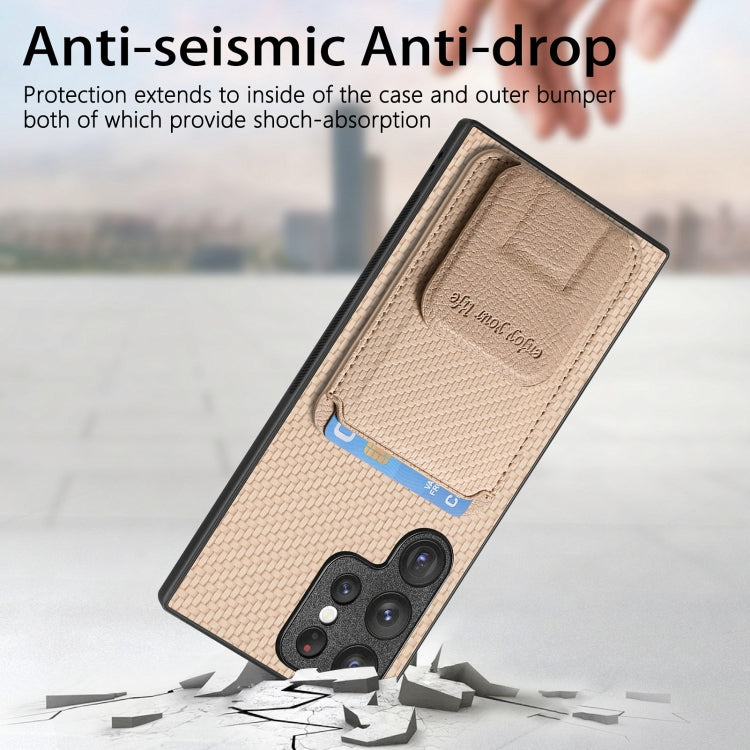 For Samsung Galaxy S24+ 5G Carbon Fiber Card Bag Fold Stand Phone Case(Khaki) - Galaxy S24+ 5G Cases by buy2fix | Online Shopping UK | buy2fix