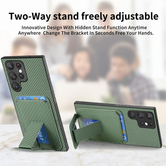 For Samsung Galaxy S21 5G Carbon Fiber Card Bag Fold Stand Phone Case(Green) by buy2fix