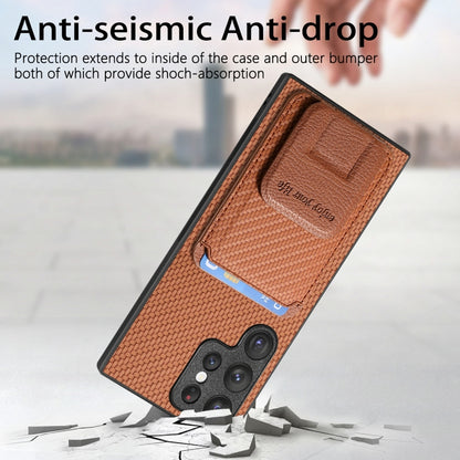 For Samsung Galaxy S21+ 5G Carbon Fiber Card Bag Fold Stand Phone Case(Brown) - Galaxy S21+ 5G Cases by buy2fix | Online Shopping UK | buy2fix